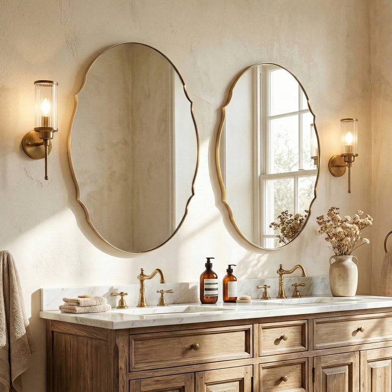 Contemporary Oval Scalloped Wall Mirror Irregular Bathroom Vanity Mirror | Stainless Steel Frame, Brushed Gold, 40" x 30"