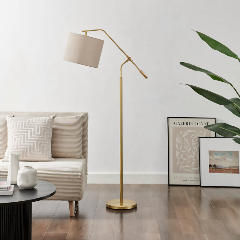Claudie Sculptural Overhang Arm Standing Floor Lamp With Shade - Industrial Elegant Design, Brass