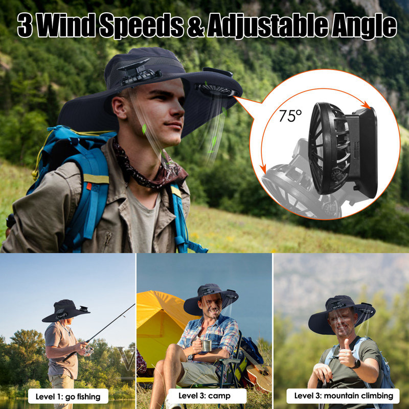Chapeau de soleil à large bord avec 2 ventilateurs rechargeables - à énergie solaire, UPF50 +, 3 vitesses, Noir