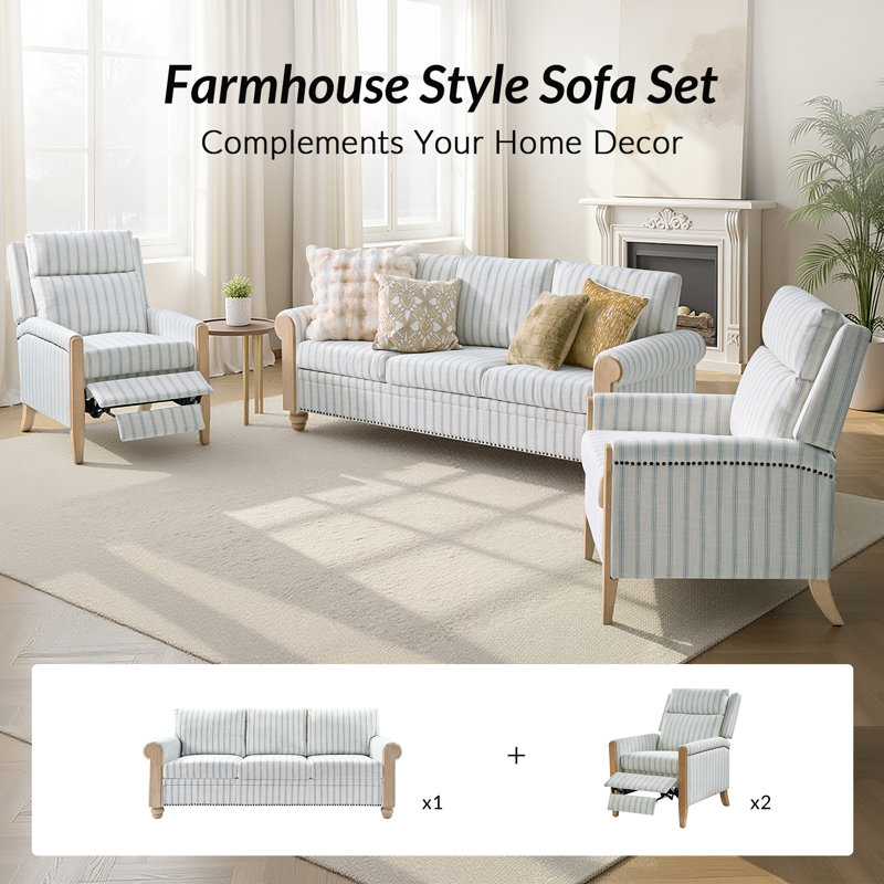 Terren Monica 3-Piece Farmhouse Living Room Set with Solid Wood Spindle Legs, Blue