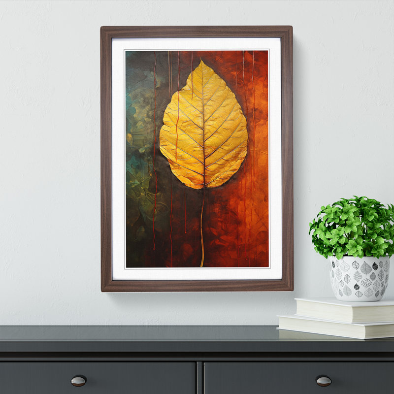 Leaf Hard Edge Painting - Single Picture Frame Print on Wood, Walnut Framed, 46cm H x 34cm W