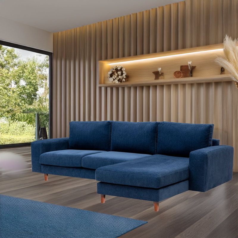 Canapé modulaire et méridienne avec pieds en bois, Accoudoir à droite (vu de face), Bleu marine