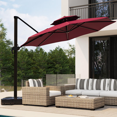 10x10 ft Round Cantilever Patio Umbrella, 360° Rotation & 3-Level Adjustable Height, Outdoor Umbrella with Ventilated Double Top, Waterproof Oxford Fabric for Garden Poolside (Base Not Included)