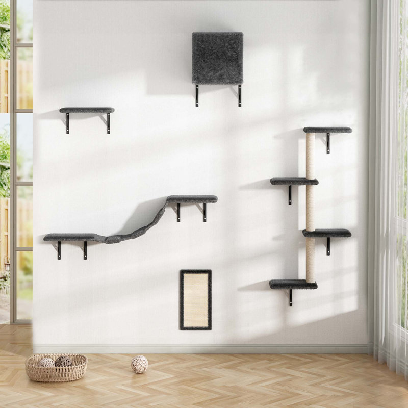 Arbre à chat mural 5 pièces avec planche à gratter, condo, perchoirs et pont pour chats actifs, gris