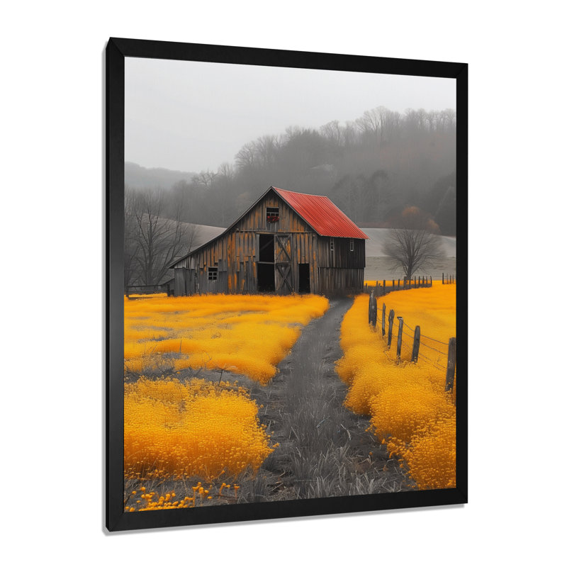 Red Yellow Autumn Barn Retreat - Reproduction d'art mural de grange, Toile encadrée noire simple, H 32 po x l 16 po x P 1 po