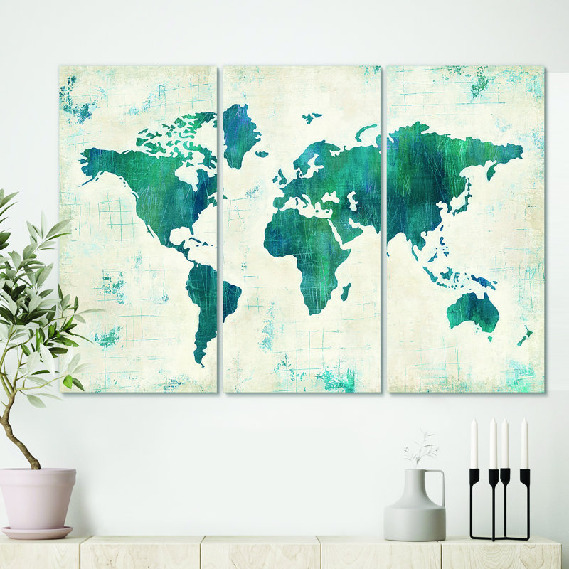 Découvrez la carte du monde en bleu - Reproduction d'art graphique sur toile tendue à pièces multiples