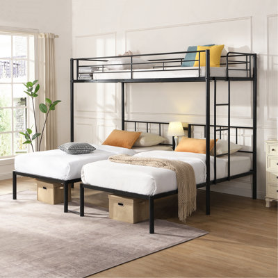 Twin Over Twin Over Twin Bunk Bed ,Triple Bunk Bed With A Vertical Ladder, Metal Frame Bunk Bed With Safety Rail, Twin Over Twin Over Twin Triple Bunk