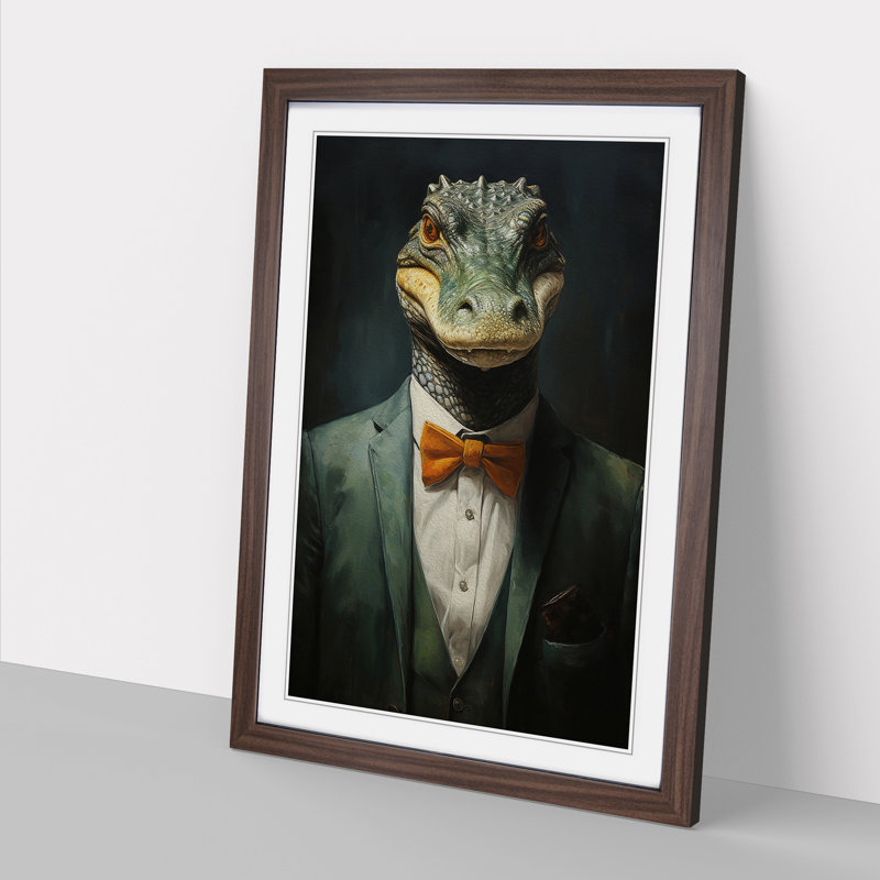 Crocodile In A Suit - Single Picture Frame Print on Wood, 64cm H x 46cm W x 2cm D, Walnut 