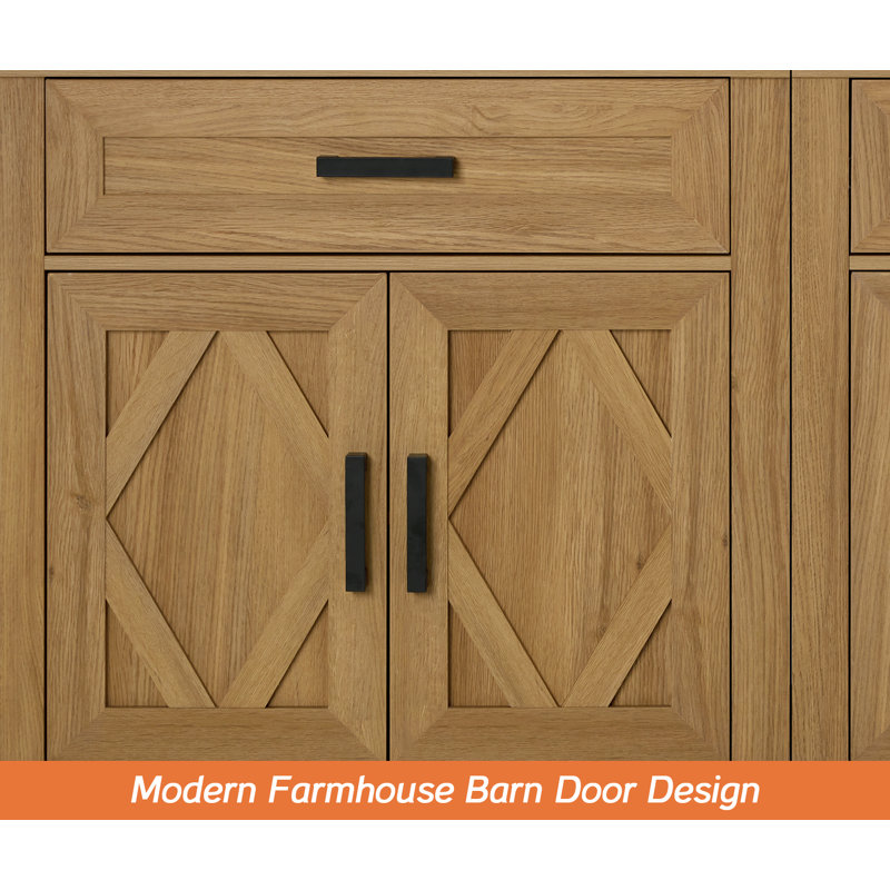 Glenford 63"W Large Modern Farmhouse Accent Cabinet With Barn Doors & Drawers, Scratch-Resistant Tree Bark, Brown
