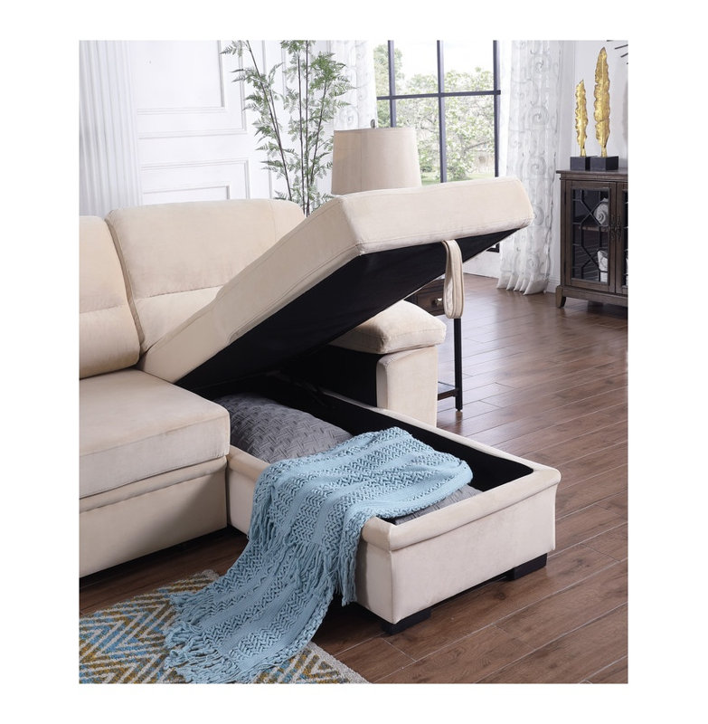 Canapé d'angle convertible réversible Kipling de 97,5 po en velours beige avec méridienne de rangement, Beige Velvet, Beige