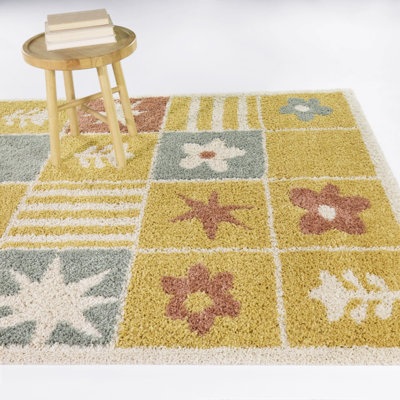 Atlas Yellow Kids Flower Shag Area Rug