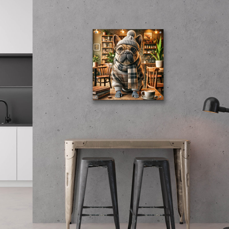 «Hipster Dog - French Bulldog» par Rey Klimt, art mural en verre acrylique, H 24 po x l 24 po x P 0,2 po