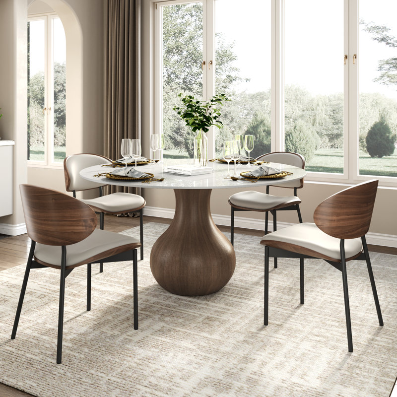 Ensemble de table de salle à manger 5 pièces Otelia, Blanc / Noyer foncé, Blanc lustré, 29.52" H x 47" W x 47" D
