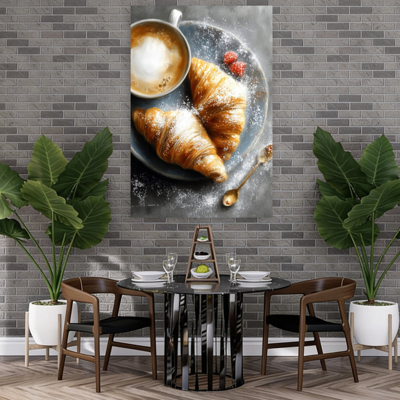 Morning Croissants And Coffee, art mural rustique contemporain, H 60 po x l 40 po