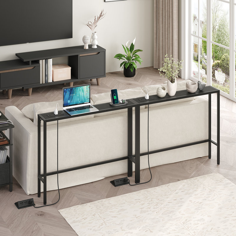 78.7" Console Table With Charging Station Skinny Behind Couch Table, Matte Black