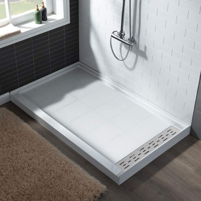 60" x 36" Solid Surface Single Threshold Shower Pan Base with Drain Assembly & Drain Cover Included, Non-Slip, Brushed Nickel