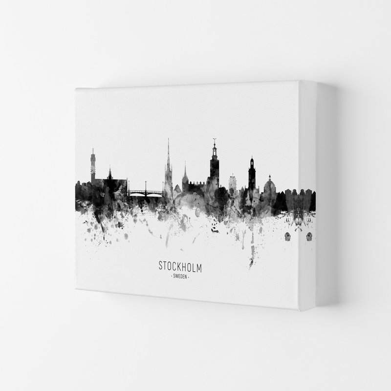 Stockholm Sweden Skyline Black White City Name by Michael Tompsett - Print, 21cm H x 29.7cm W x 4cm D, Wrapped Canvas