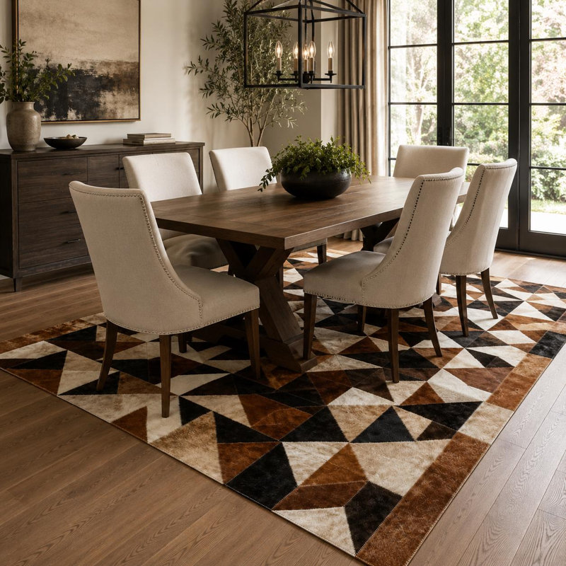 Tapis géométrique en cuir de vache à motif géométrique et cuir ivoire brun, 6 x 9 pi