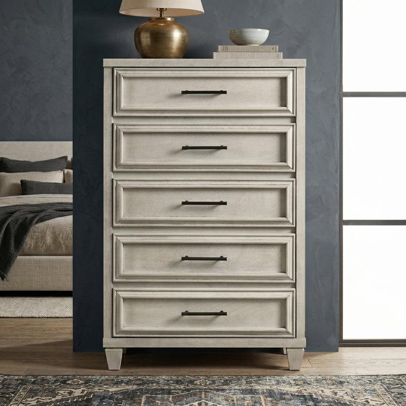 Cashin 28.7" W Traditional Solid Wood Gray 5 Drawer Chest, Anti White