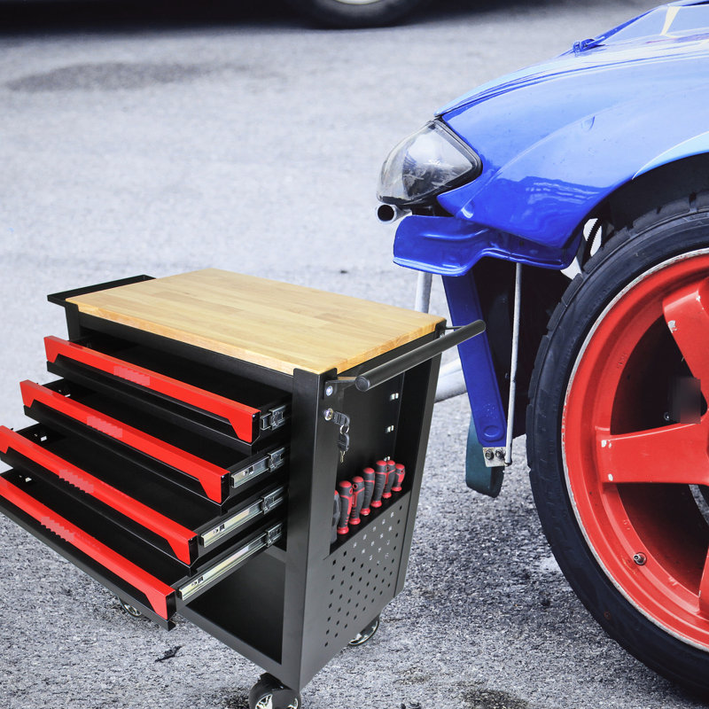 Chariot à outils robuste à 4 tiroirs avec roulettes et plateau en bois - Tablette réglable, rangement pour grande capacité
