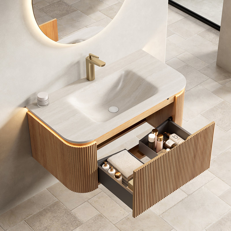 Meuble-lavabo flottant 36 po | Lavabo intégré en pierre frittée en travertin, lumière DEL à capteur, armoire en bois naturel rayé 3D, tiroir à fermeture en douceur