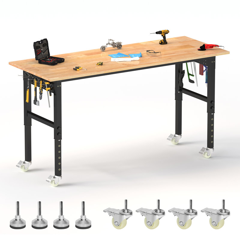 Établi 70 po avec plateau en bois d'hévéa réglable avec panneau perforé, prise de courant, patins et roues, capacité de poids de 2 000 lb.