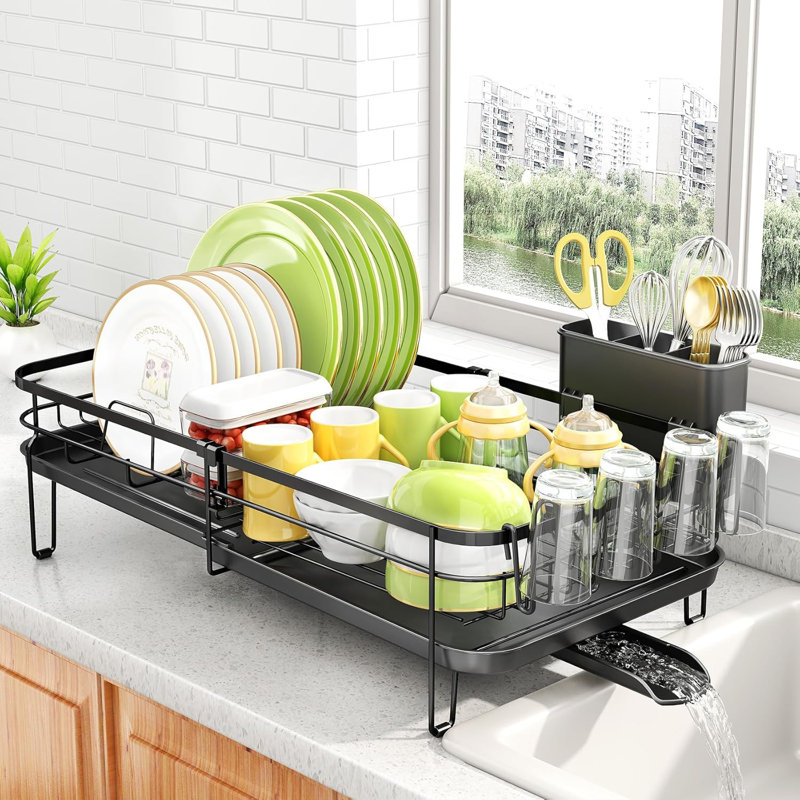 Expandable Stainless Steel Dish Drying Rack With Utensil And Cup Holders For Kitchen Counter
