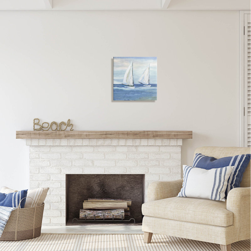 Au-398-Canvas " Blue Sailboats Ocean Splash " by Marilyn Dunlap Painting Print, 17" H x 17" W x 1.5" D
