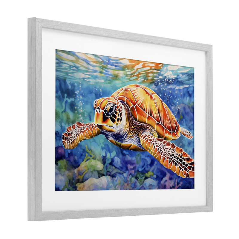 Tortue de mer sous la surface, reproduction encadrée sous verre, design par LSR Design Studio, H 14 po x l 20 po