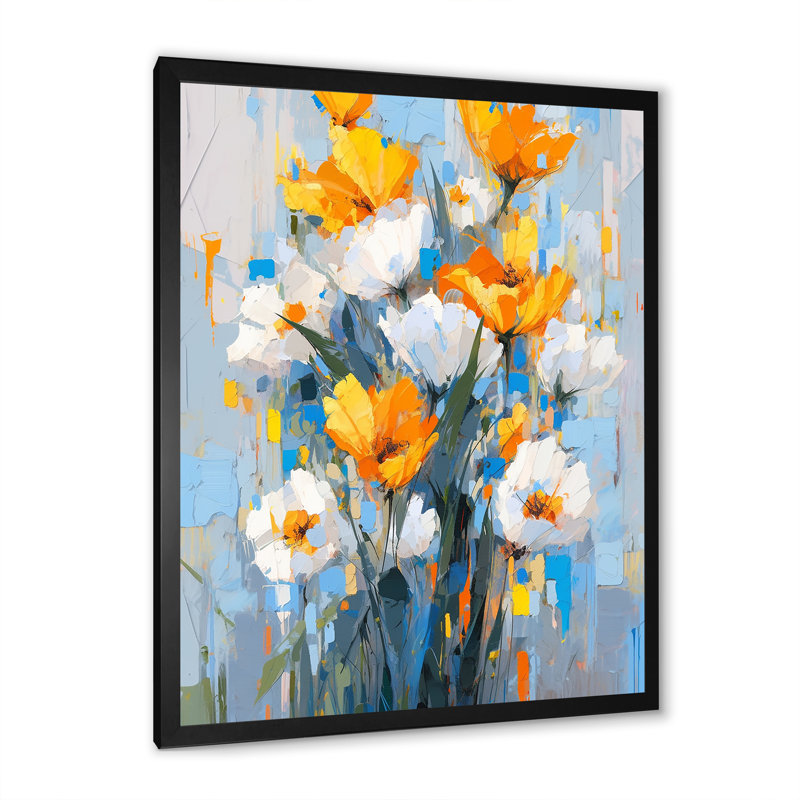 «Blue and Yellow Tulip Strip Expression», reproduction d'art sur tulipes, H 32 po x l 16 po, Cadre simple noir