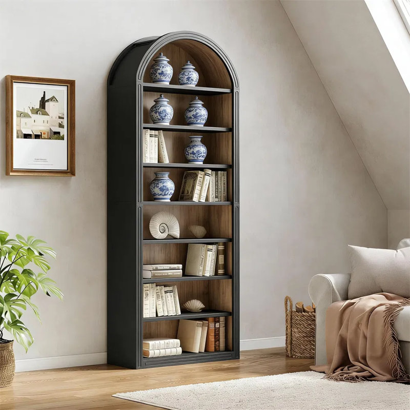 Bibliothèque arquée à 8 niveaux - grande bibliothèque moderne ouverte à deux tons en bois, armoire de rangement avec dossier fermé pour le salon, la chambre à coucher, le bureau, la bibliothèque