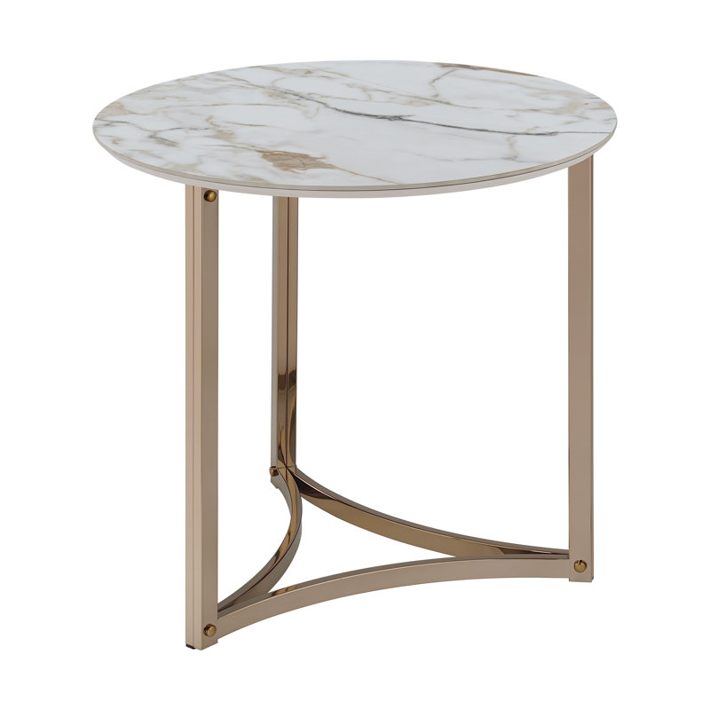 Table de bout, plateau en pierre frittée et finition champagne