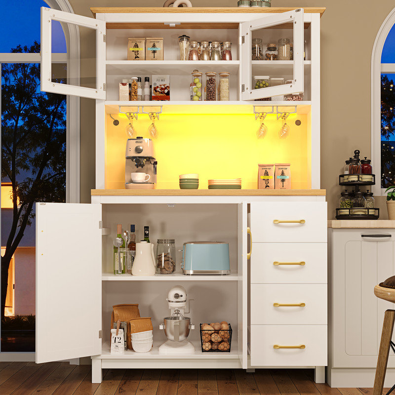 White Farmhouse Sideboard with LED Light Strip & Drink Holders, 4-Door Storage Cabinet for Kitchen/Dining, 105x40x180cm