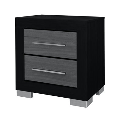 Transitional Nightstand In Square Shape, Black Finish, Rubberwood Build, Two Drawers, Bar Handle, Block Legs For Bedroom Made Of With Spacious - Jointed Use