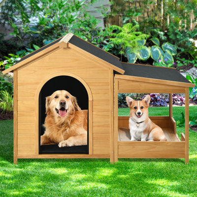 60.2" Large Outdoor Wooden Dog House With Porch, Waterproof Asphalt Roof, Elevated Floor & Insulated Winter Liner For Medium & Large Dogs