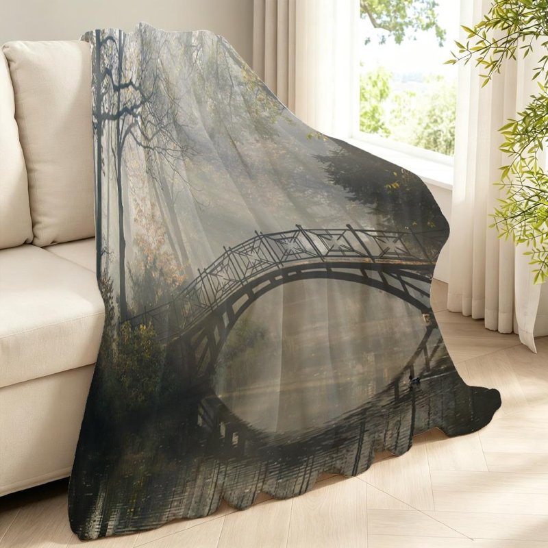 Jeté en molleton orange flanelle ultra doux, vieux pont, imprimé à un côté brumeux, Throw 40" x 50"