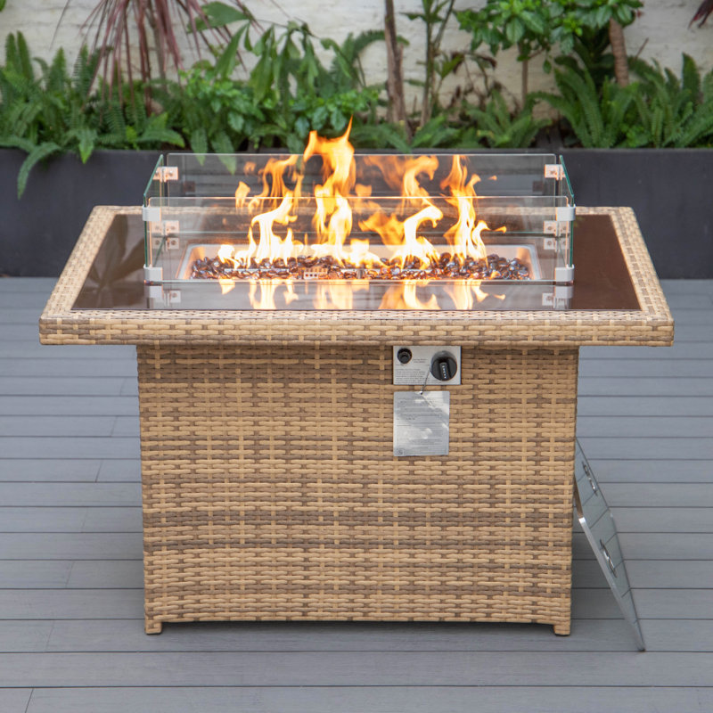 Nashia 44" Rectangular Propane Fire Pit Table - 55,000 BTU Outdoor Gas Fireplace - Wicker Frame, Glass Shield & Matching Lid