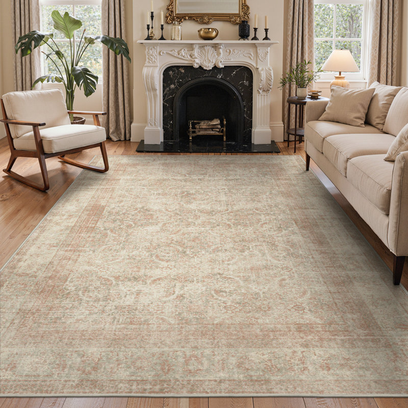 Tapis oriental rose / gris / beige avec envers antidérapant, Rectangulaire 3 pi x 5 pi