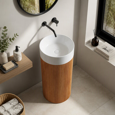 Armoire cylindrique autoportante de 16 po, cuve à surface solide ronde blanche sans trou de robinet, sans évier, sans robinet ni ensemble de drain, couleur grain de bois naturel