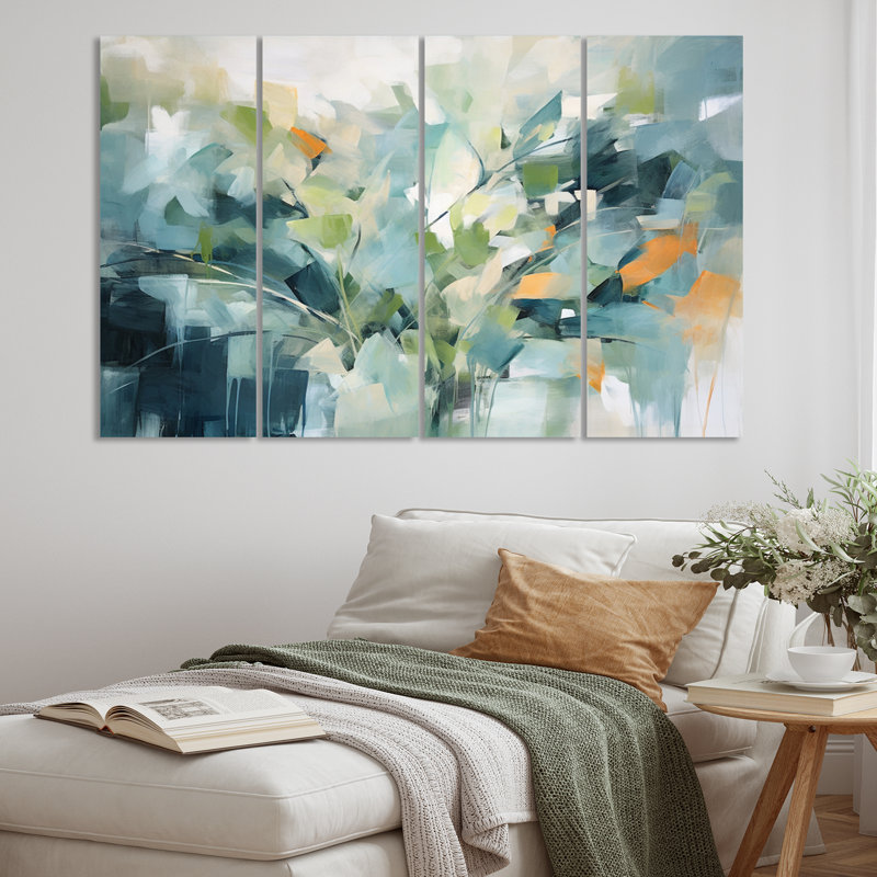 «Blue Botanical Garden III - Abstract Botanicals Wall Art Living Room - 4 Panels»