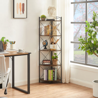 5-Tier Corner Bookshelf, Industrial Tall Corner Bookcase with Metal Frame and Wood Shelves, Rustic Display Shelf Storage Rack for Living Room, Bedroom, Home Office