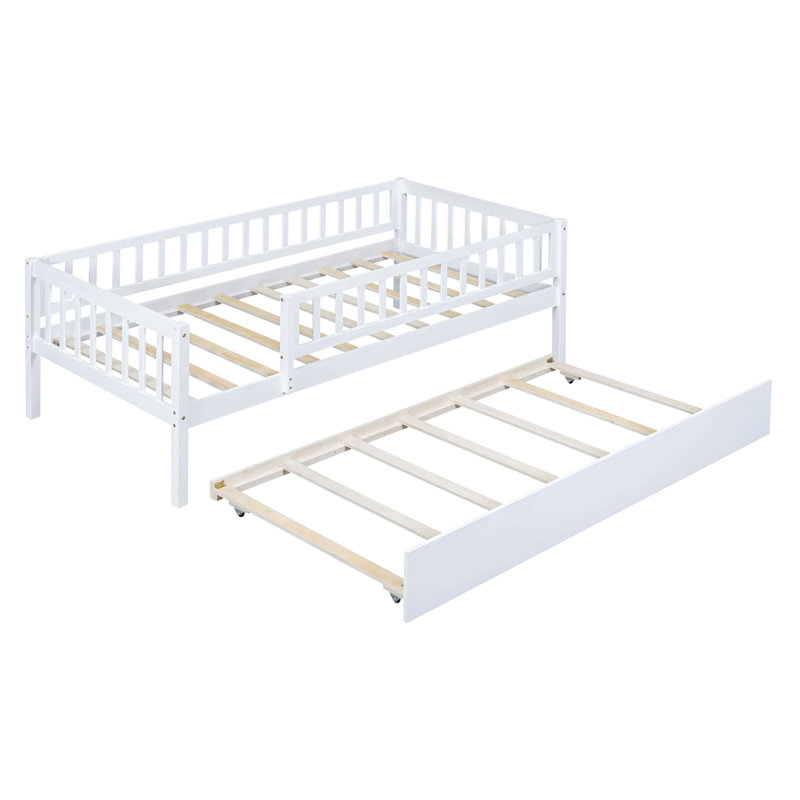 Wood Daybed With Trundle And Fence Guardrails, Twin, White