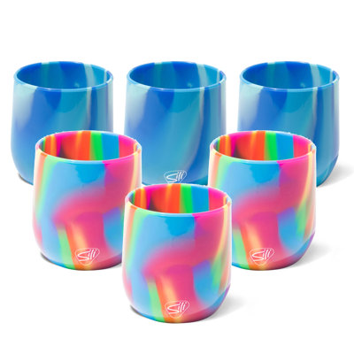 Silipint: Silicone 12oz Stemless Wine Glasses: 6 Pack - 3 Hippie Hops & 3 Arctic Sky