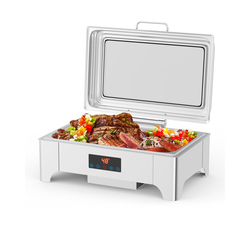 Chauffe-plats électriques 9 QT pour buffet – Grand format, acier inoxydable, écran interactif, couvercle à enroulement, couvercle en verre – Équipement de restauration professionnel pour fêtes et mariages – Argenté