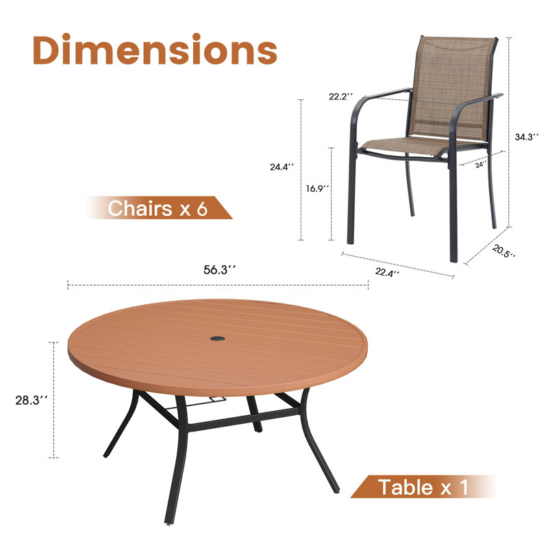 Ensemble de salle à manger pour 6 personnes avec table de salle à manger ronde en faux bois de 56 po et accoudoirs en textilène