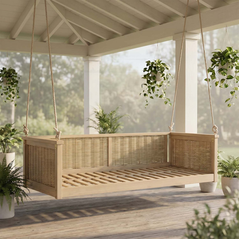 Lit de balançoire en bois d'extérieur classique, cadre en rotin de jardin avec longues cordes pour la piscine, la cour arrière