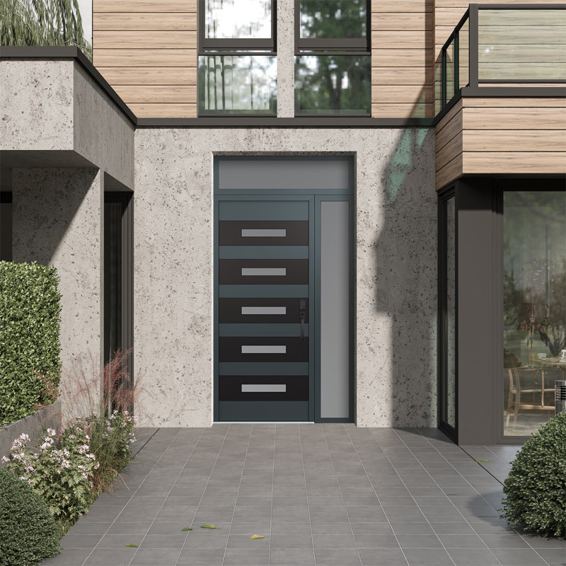 D9 48 po. X 96 po Panneau en acier noir anthracite et verre givré anthracite avec porte d'entrée avant en verre givré et latéral