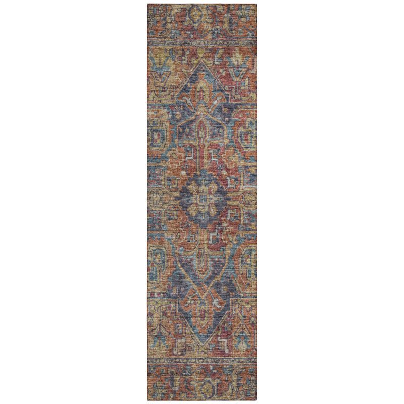8' Runner Red Orange and Blue Oriental Washable Non Skid Indoor Outdoor Runner Rug