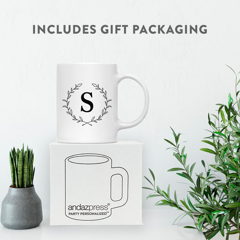 Custom Monogram Initial Coffee Mug Gift Letters A-Z, Laurel Wreath Custom 11Oz Ceramic Coffee Mug, 1-Pk, Yes
