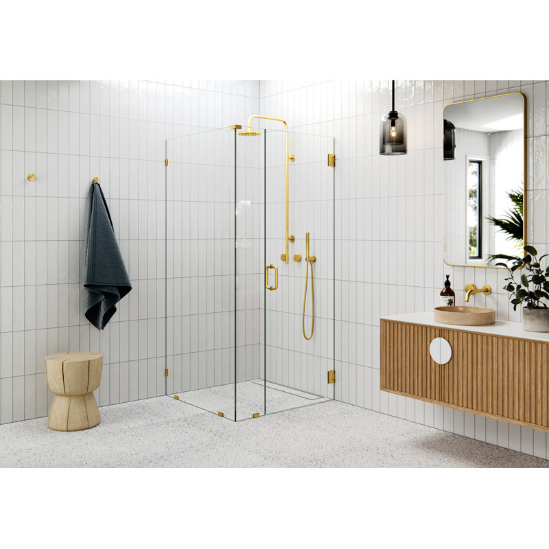 78" H Pivot Frameless Shower Door, Satin Brass